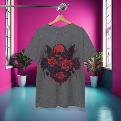 Chic display of the Skulls and Roses Cotton Tee hanging in a vibrant interior setting, underlining its fashionable appeal.