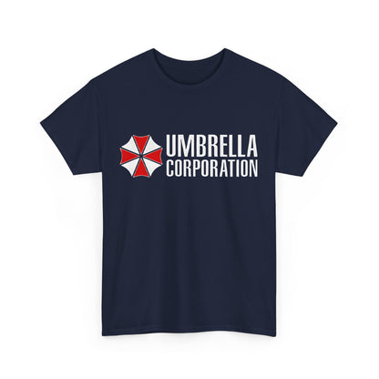 Umbrella Corporation Graphic Unisex Tee Shirt featuring the iconic red and white logo on luxurious dark navy background, perfect for fans of the Resident Evil universe.