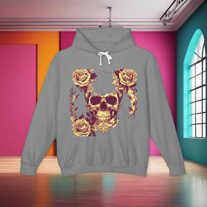 Unisex Lightweight Hooded Sweatshirt showcasing a unique designer skull and roses print, displayed in a grey colour against a vibrant backdrop.