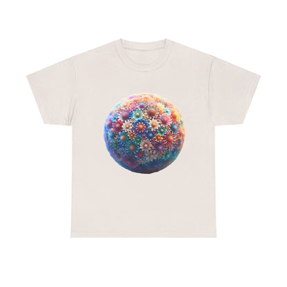 Iridescent Floral Sphere Unisex Cotton Tee Graphic T Shirt in off-white, featuring a captivating floral sphere graphic that elevates any modern wardrobe.