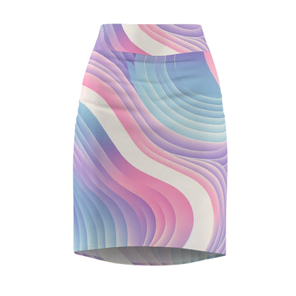Elegant Valerie Couture Pencil Skirt by Dazzling Dreams Studio featuring a stunning pastel pattern in pink, purple, and blue, perfect for sophisticated fashion statements.