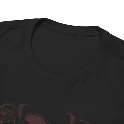 Close-up view of the neckline and fabric texture of a black t-shirt, highlighting quality craftsmanship and intricate detailing of the baroque zombie graphic.