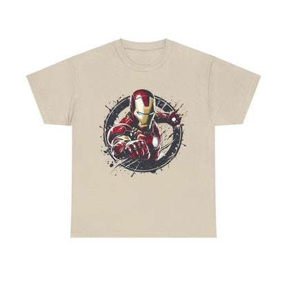 Luxurious Unleash Your Inner Hero: Iron Man Graphic Unisex Tee featuring the legendary Iron Man in a captivating pose, rendered in rich red and gold hues on a sophisticated beige background, ideal for stylish fans.