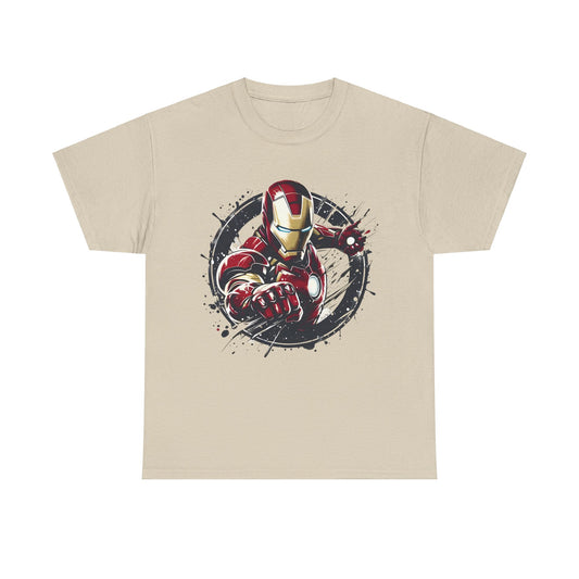 Luxurious Unleash Your Inner Hero: Iron Man Graphic Unisex Tee featuring the legendary Iron Man in a captivating pose, rendered in rich red and gold hues on a sophisticated beige background, ideal for stylish fans.