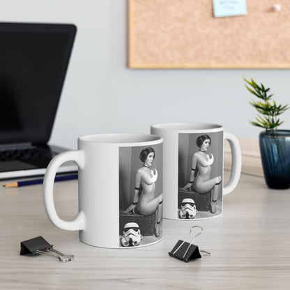 Stylish ceramic mug showcasing the humorous design of Princess Leia, enhancing your kitchen decor with a playful yet elegant touch.