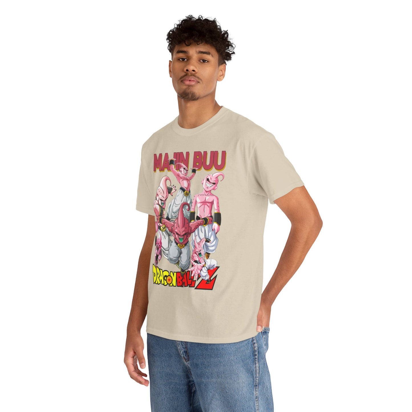 Confident model wearing a Dragon Ball Z Majin Buu T-shirt, capturing a bold look with the intricately designed anime graphics.