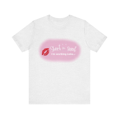 Sabrina Carpenter Inspired Unisex Short Sleeve Tee in a classic grey hue featuring a captivating lipstick print, blending elegance with a casual vibe.