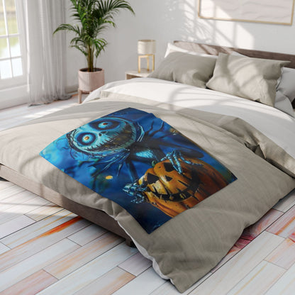 Elegant Decorative and Warm Halloween Skellington Spooky Arctic Fleece Blanket on a beautifully arranged bed, featuring striking Halloween motifs for a festive touch to any bedroom décor.