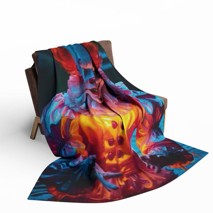 Exquisite Decorative and Warm Halloween Spooky Pennywise IT Arctic Fleece Blanket draped over a chair, displaying a dramatic design that enhances the allure of any Halloween celebration.