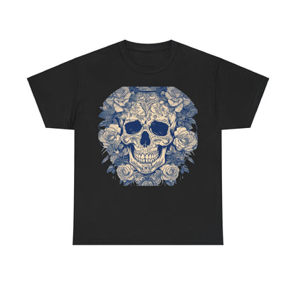 Skulls and Roses Cotton Tee - Unisex Graphic Shirt in black, featuring a striking skull and roses graphic, perfect for expressing individuality and style.