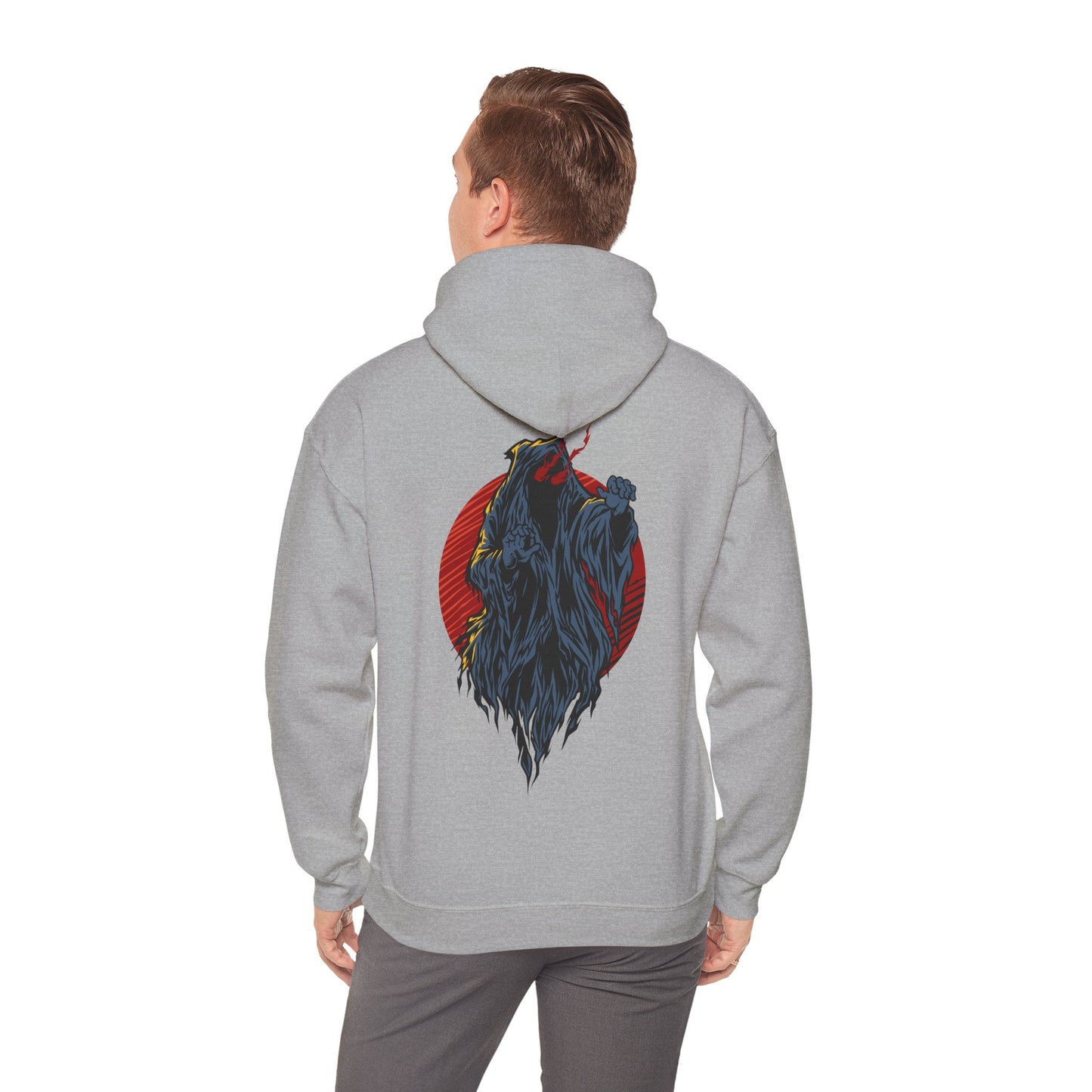 Man wearing a captivating grey hoodie featuring a bold demon design against a fiery red circle, perfect for making a statement.