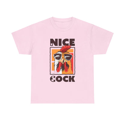 Unisex Nice Cock Graphic Tee in pink displaying a stylish cartoon chicken with sleek sunglasses, made from breathable, soft cotton for an exquisite fit.
