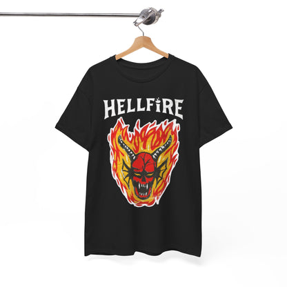 Elegant display of a Hellfire Club T-shirt on a hanger, showcasing a vibrant design with a demonic skull engulfed in flames, ideal for adventurous fashionistas.