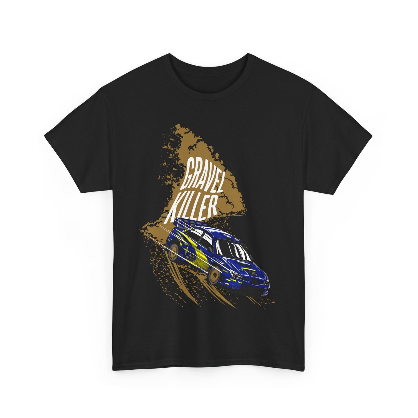 Chic front view of a black men's t-shirt displaying an eye-catching blue rally car graphic with 'GRAVEL KILLER' text, perfect for those who embrace speed and style.