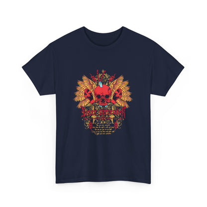 Captivating navy blue t-shirt featuring an ornate 'Never Surrender' graphic with vibrant colours, perfect for making a bold fashion statement.