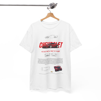 Luxury Chevrolet Corvette C6 graphic T-shirt displayed on a wooden hanger, showcasing a stylish design with intricate automotive sketches and bold typography.