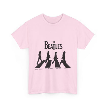 The Beatles Unisex Cotton Graphic Tee Featuring Iconic Abbey Road Logo - Vintage Style T-Shirt, presented in a refined pink hue with iconic silhouettes of the band.