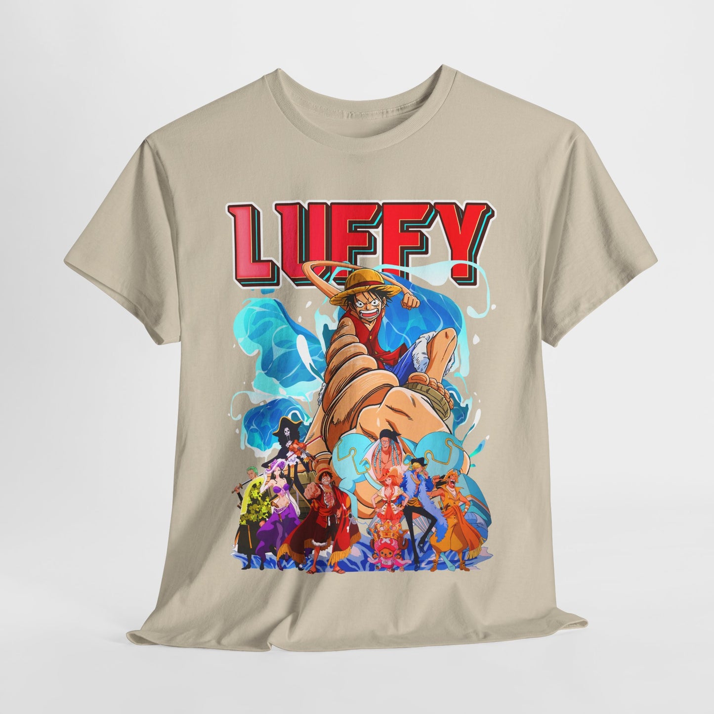 Sophisticated display of a men's t-shirt with a striking Luffy graphic against a light beige hue, perfect for those seeking a stylish statement piece.