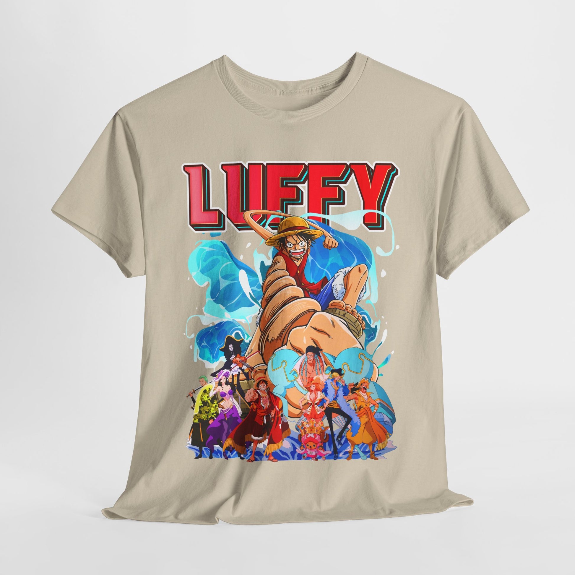 Sophisticated display of a men's t-shirt with a striking Luffy graphic against a light beige hue, perfect for those seeking a stylish statement piece.