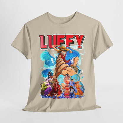 Sophisticated display of a men's t-shirt with a striking Luffy graphic against a light beige hue, perfect for those seeking a stylish statement piece.
