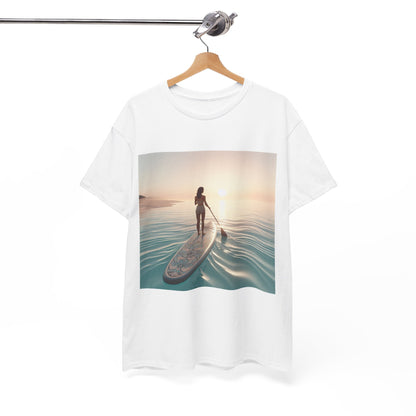 Fashionable Dazzling Dreams Paddle Board T-Shirt styled with shorts, demonstrating its versatility and appeal for both outdoor activities and relaxed days.