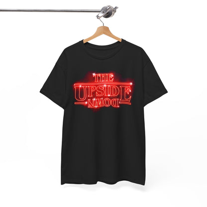 Sophisticated black tee displayed on a hanger, adorned with eye-catching red neon text 'THE UPSIDE DOWN', perfect for style-conscious fans of entertaining mysteries.