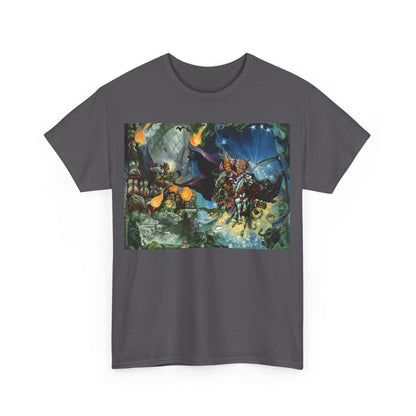 Front view of the Discworld Mort Graphic Unisex T-Shirt - Premium Cotton Tee with Iconic Artwork, featuring vibrant artwork inspired by Terry Pratchett's Mort.