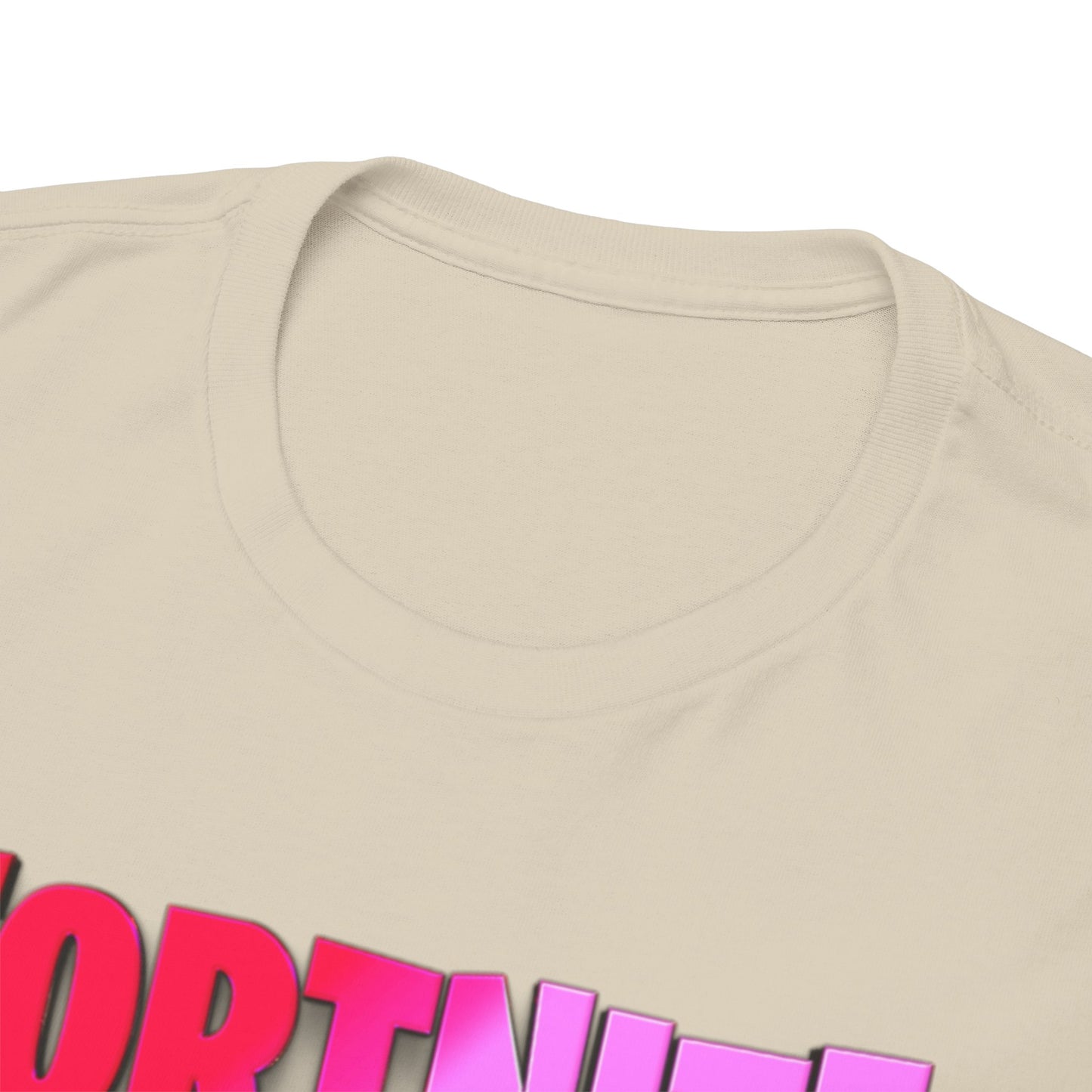Close-up view of the round neckline of a luxurious Fortnite T-shirt, emphasising the quality material and vibrant colour scheme.