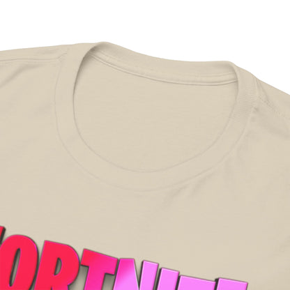 Close-up view of the round neckline of a luxurious Fortnite T-shirt, emphasising the quality material and vibrant colour scheme.