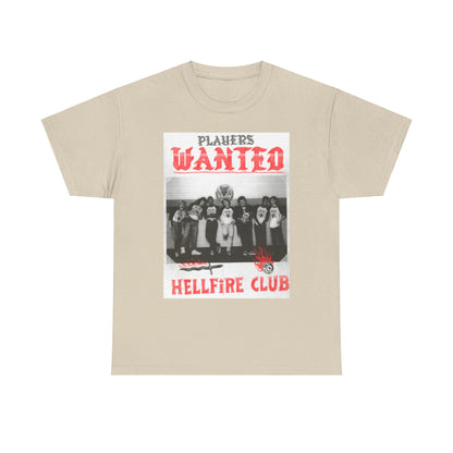 Elegant beige unisex tee showcasing the retro 'Hellfire Club' artwork with 'PLAYERS WANTED' in striking red, ideal for stylish enthusiasts of Stranger Things.