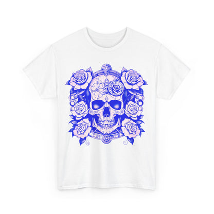 Skulls and Roses Cotton Tee featuring a stunning blue and white steampunk design with intricate skull and rose graphics, unisex graphic shirt in premium cotton.