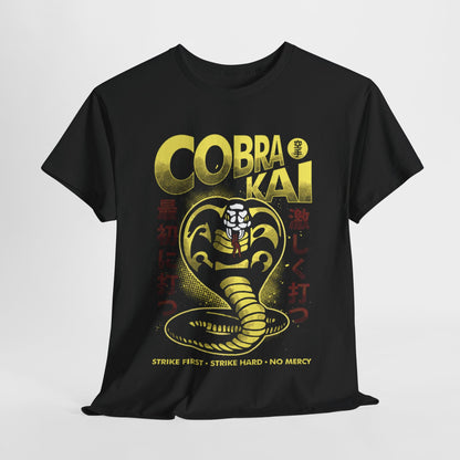 Luxurious black Cobra Kai T-shirt featuring a striking graphic of a coiled snake and bold text 'COBRA KAI: STRIKE FIRST, STRIKE HARD, NO MERCY' This unisex cotton tee merges style and martial arts nostalgia, perfect for fans of the iconic series to showcase their passion in a fashionable manner.
