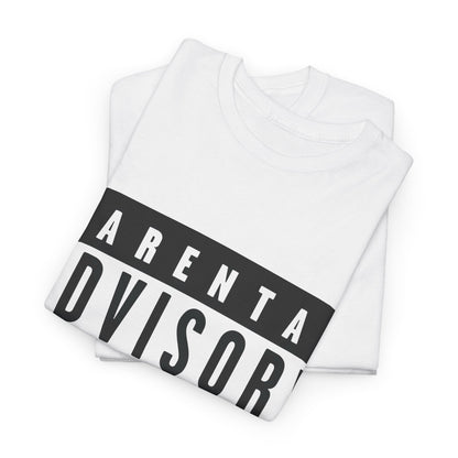 Folded Luxury Parental Advisory Warning Graphic T-Shirt in white, displaying striking graphic details for a contemporary look.