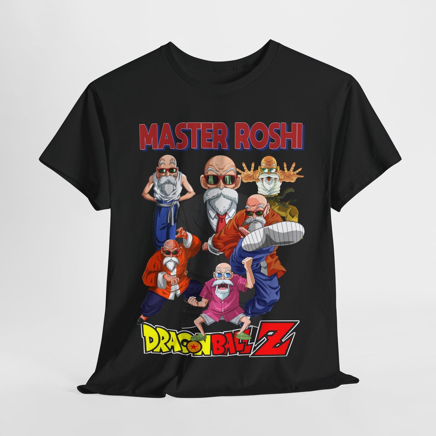 Luxuriously crafted Dragon Ball Z Master Roshi men's t-shirt featuring vibrant graphic design with multiple iconic poses of Master Roshi, perfect for anime enthusiasts.