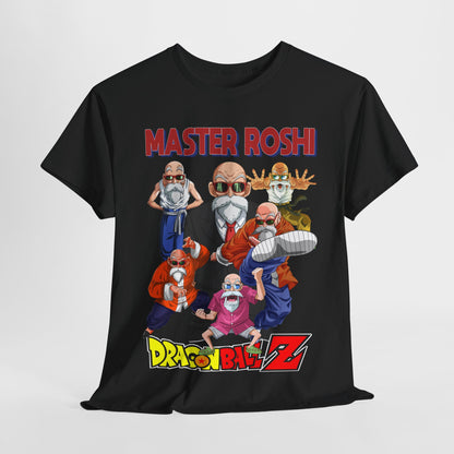 Luxuriously crafted Dragon Ball Z Master Roshi men's t-shirt featuring vibrant graphic design with multiple iconic poses of Master Roshi, perfect for anime enthusiasts.