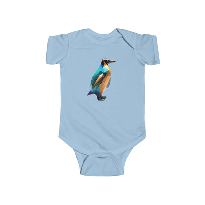 Cute Penguin Bodysuit in serene blue displaying a delightful geometric penguin design, perfect for stylish baby wear.