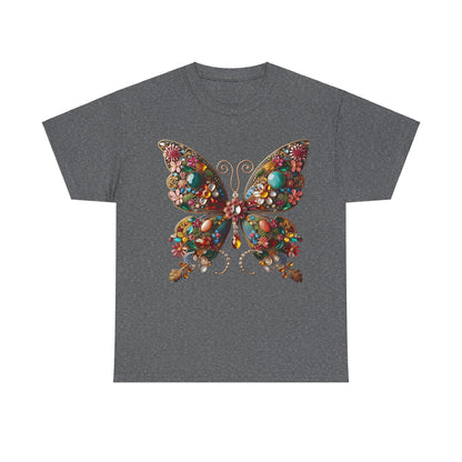 Enchanting Butterfly Brooch Unisex T Shirt Graphic Tee featuring a vibrant butterfly design adorned with colorful gemstones and floral motifs, on a luxurious grey background.