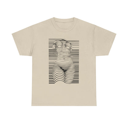 Elegant unisex cotton t-shirt with a unique optical illusion graphic depicting a human form amidst striped patterns, designed for those who appreciate fine artistry and humor in fashion.