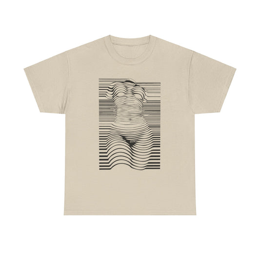 Elegant unisex cotton t-shirt with a unique optical illusion graphic depicting a human form amidst striped patterns, designed for those who appreciate fine artistry and humor in fashion.