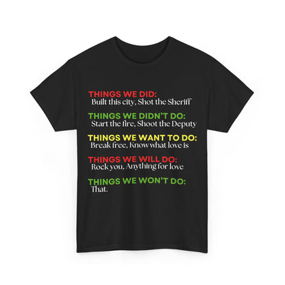 Rock Anthems Tribute Unisex Cotton T-Shirt Graphic Tee featuring bold text in vibrant colours on a classic black tee, showcasing iconic rock phrases.