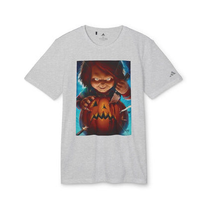 Adidas Unisex Halloween Chucky Cute T-shirt in grey, displaying a striking graphic of Chucky engaged in pumpkin carving, a must-have for Halloween enthusiasts.