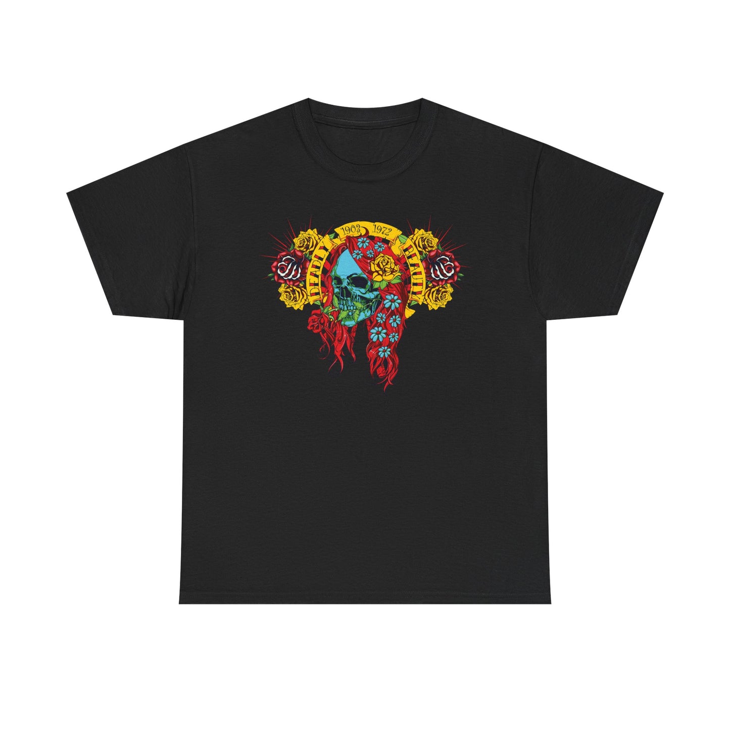 Elegant black t-shirt showcasing a striking skull graphic adorned with colourful flowers, a sophisticated expression of individuality and style.