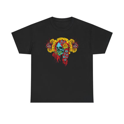Elegant black t-shirt showcasing a striking skull graphic adorned with colourful flowers, a sophisticated expression of individuality and style.