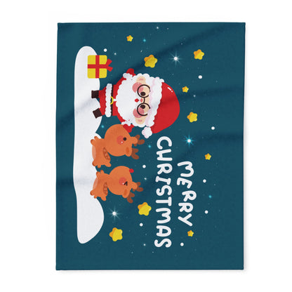 Decorative and Warm Christmas Arctic Fleece Blanket showing a cute Santa Claus alongside two cheerful reindeer, beautifully decorated with stars, ideal for festive home decor.