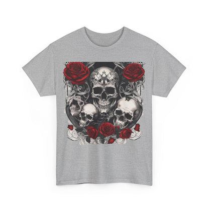 Skulls and Roses Cotton Tee showcasing a striking graphic design with intricate skulls and vibrant red roses, offering an edgy addition to your luxury wardrobe.
