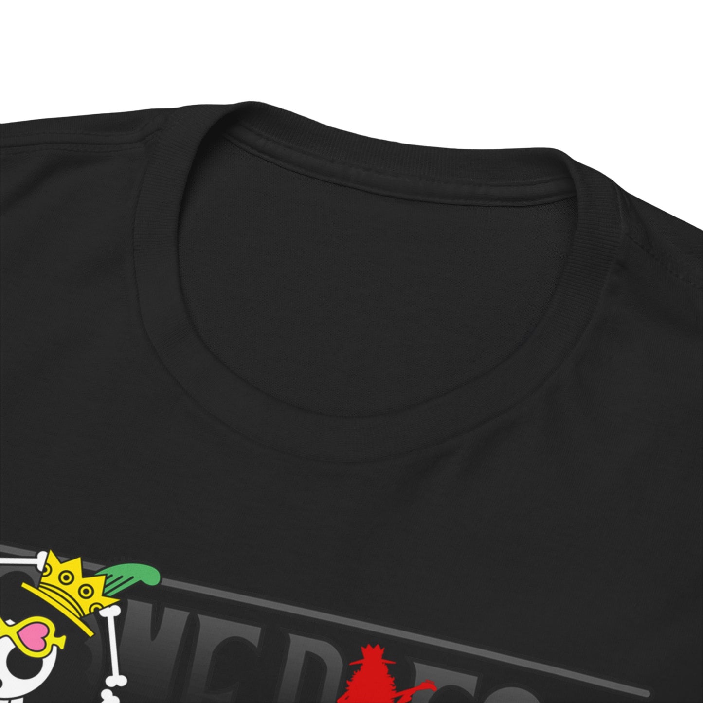 Close-up view of the soft fabric of a black t-shirt featuring an intricate anime design, ensuring comfort and a touch of luxury in casual wear.