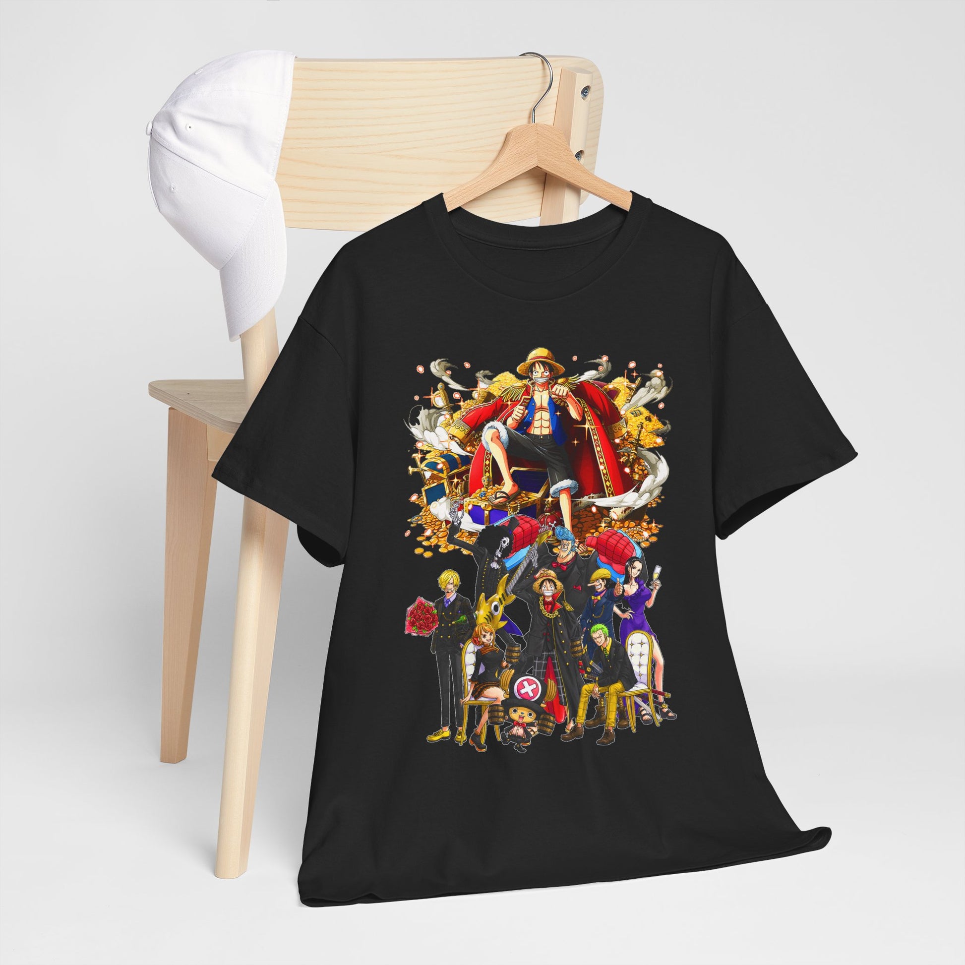 Elegant Adventure Crew T-Shirt displayed artistically with a stylish cap, highlighting a vibrant anime character design amidst treasure, suitable for luxurious casual outings.