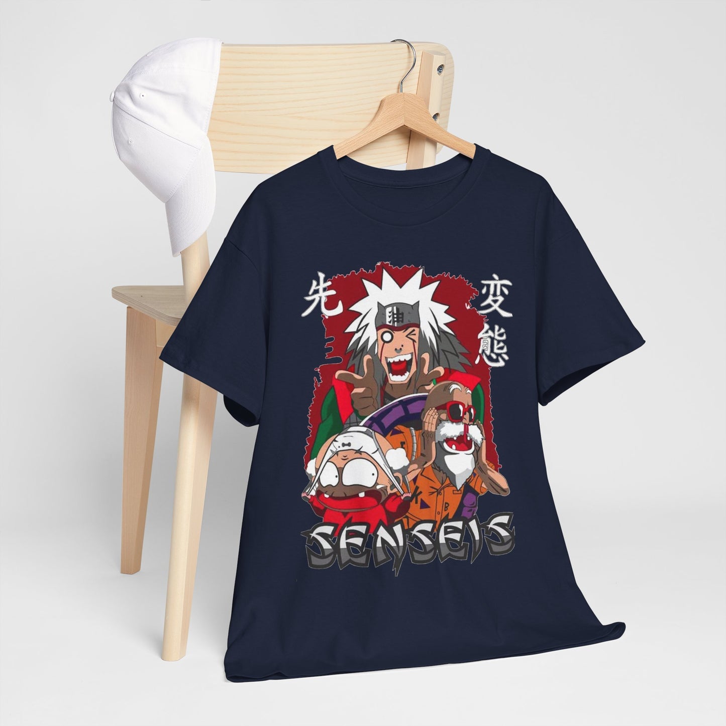 Sophisticated navy blue Trendy Anime Vibes T-shirt draped over a chair, featuring vibrant character artwork, embodying the essence of anime culture and luxury streetwear.