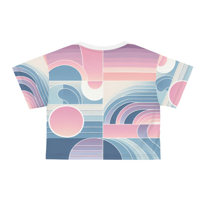 Close-up view of the pastel gradient pattern on the Celeste Rutherford Trendsetter Crop T-Shirt by Dazzling Dreams Studio, showcasing the intricate blend of calming colours.