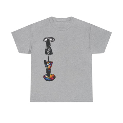 Duality Dreams Unisex Graphic T-Shirt in grey, featuring a striking artistic floral design with silhouettes, showcasing a sophisticated black and white figure alongside a colourful floral silhouette.